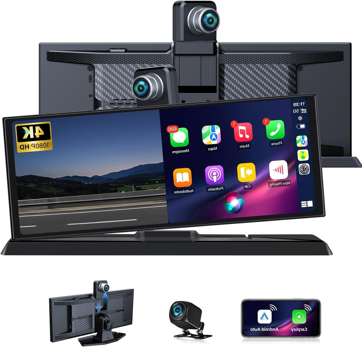 11,3 Inch Carplay Android Auto Display – Touchscreen Navigatie Scherm – Draadloze Carplay – 4K Dashcam – Draaibare 350° Camera – Dubbele Bluetooth – Inclusief 64GB TF Kaart