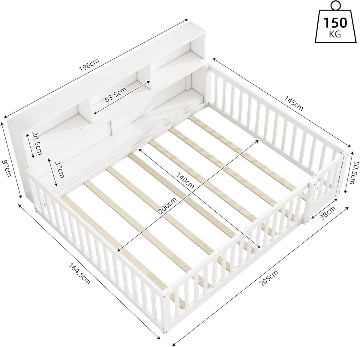 Children's Bed with Slatted Frame, Fall Protection, Rack and Fence, Youth Bed, Storage Room, Wooden Bed, Pine (White, 140 x 200 cm) - QUORE