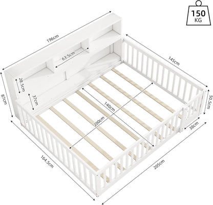 Children's Bed with Slatted Frame, Fall Protection, Rack and Fence, Youth Bed, Storage Room, Wooden Bed, Pine (White, 140 x 200 cm) - QUORE