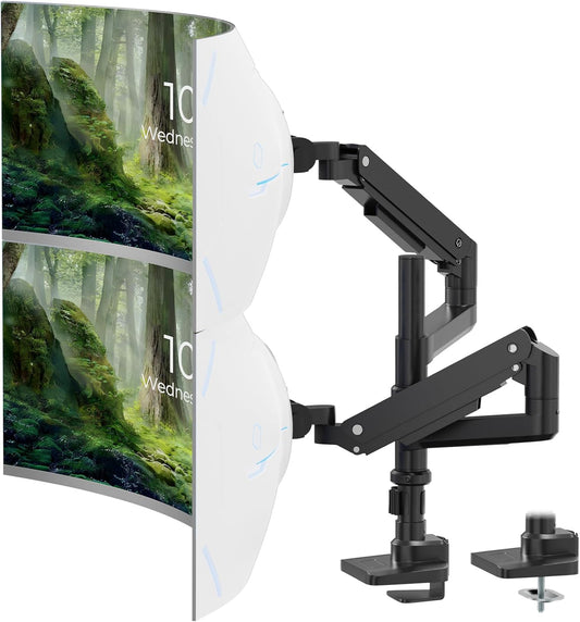 PUTORSEN Heavy Duty dubbele monitorarm voor 17" tot 49" platte en gebogen schermen, verticaal monitormontagebureau volledig verstelbaar, ondersteuning tot 45 kg, VESA 75/100