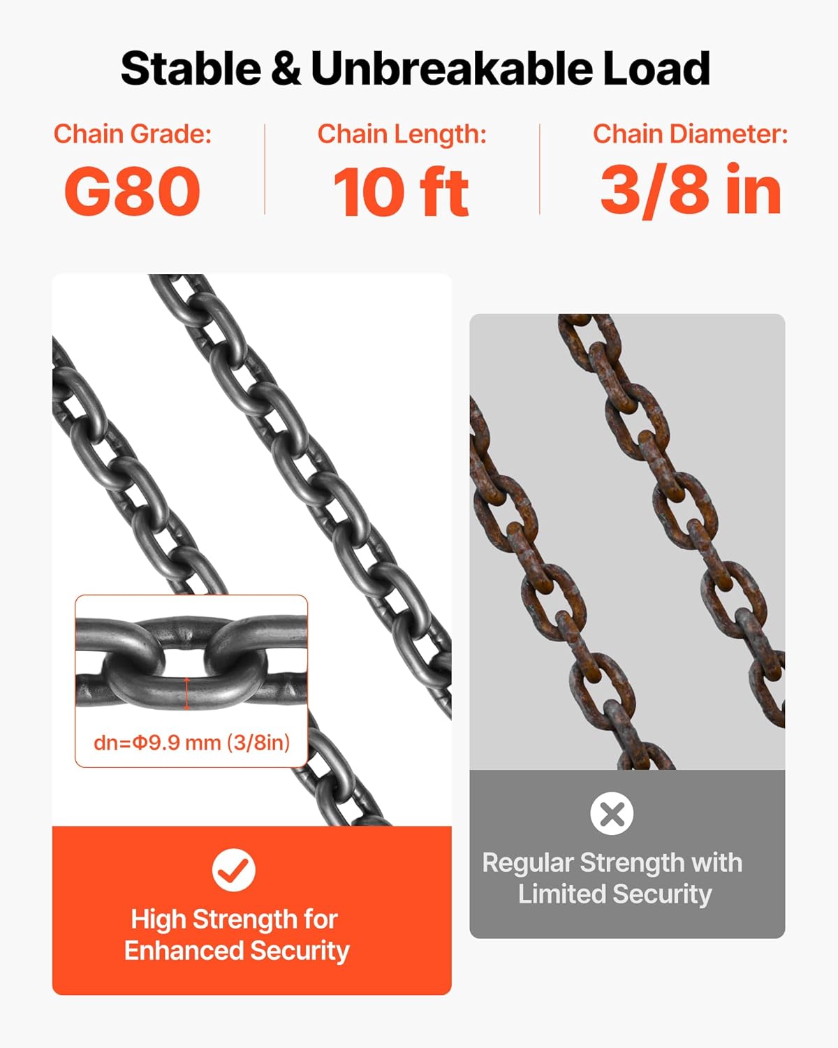 VEVOR Chain Sling, 10 mm x 3 m Lifting Chains with 4 Leg Grippers, Heavy Duty G80 Alloy Steel Lifting, 10.4 Ton Capacity, Adjustable Motor Chain, Hoist Lifts for