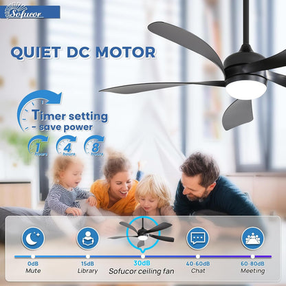Sofucor Plafondventilator met verlichting en afstandsbediening, DC, 132 cm, 5 vleugels, timer, 3 kleurtemperaturen, 6 snelheden, zomer, winterwerking, stille plafondventilator met licht voor