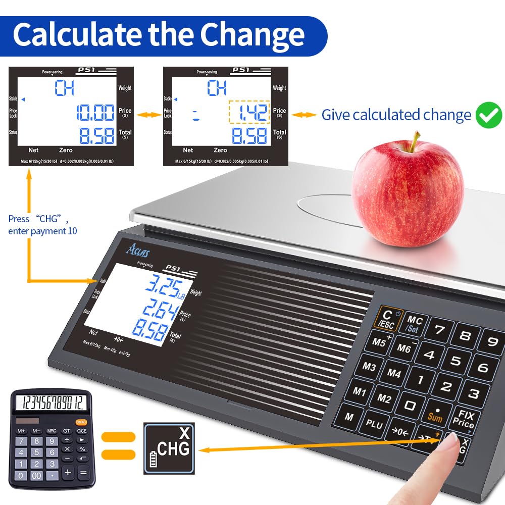 ACLAS Prijsschaal 30kg 10g Industriële Weegschaal - Digitale Verkoopprijs Berekening Schaal w/LCD Dual Screen Displays voor Voedsel, Vlees, Deli, Fruitmarkt