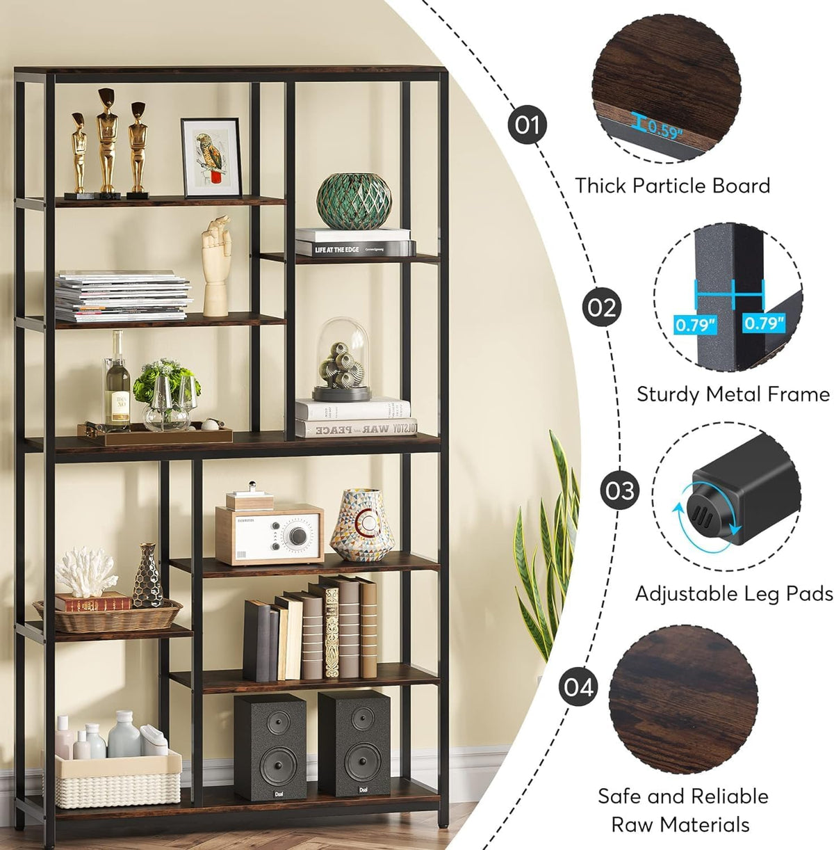 Tribesigns Bookcase Set of 2 Standing Shelves with 8 Levels, 9 Shelves, Modern Freestanding Open Bookcase, for Living Room, Office, Bedroom, 30 x 100 x 200 cm, Rustic Brown