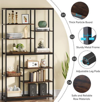 Tribesigns Bookcase Set of 2 Standing Shelves with 8 Levels, 9 Shelves, Modern Freestanding Open Bookcase, for Living Room, Office, Bedroom, 30 x 100 x 200 cm, Rustic Brown