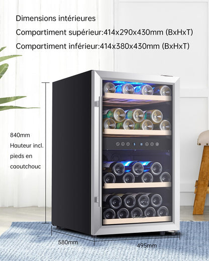 Kalamera KRC-45BSS Wijnkoelkast met 2 zones, roestvrijstalen look, 45 flessen (tot 310 mm hoogte), 120 liter, twee koelzones 5-10 °C/10-18 °C, vrijstaand
