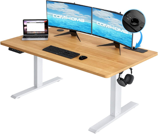 COMHOMA Electric Sitting Table 140 x 60 cm Height Adjustable Table Memory Function 2 Heights Office Bedroom Wood