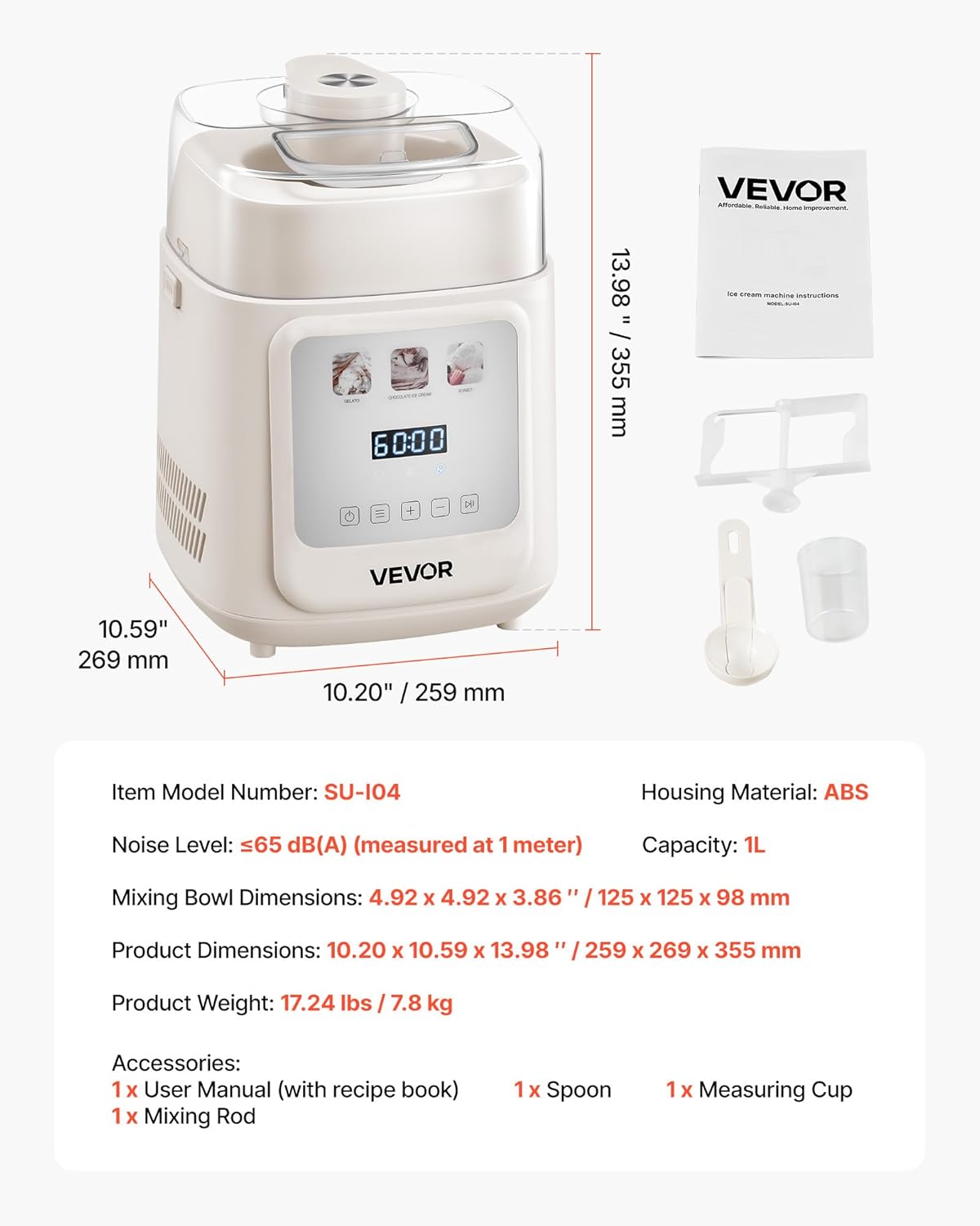 VEVOR Automatische ijsmachine met ingebouwde compressor, 1 liter, geen voorvriezen, gelato en ijsmaker met 4 modi, elektrische ijsmachine, frozen, yogurt sorbet maker, wit