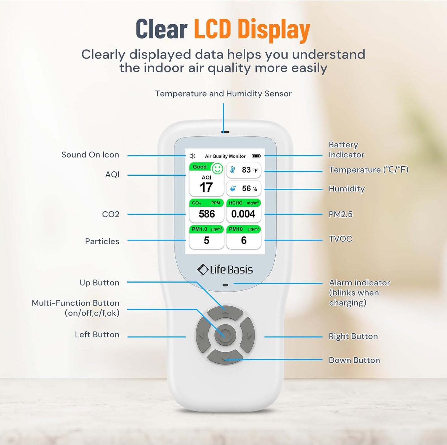 LifeBasis 10-in-1 luchtkwaliteitsdetector, formaldehyde-detector, AQI-vervuilingsmonitor met temperatuur en luchtvochtigheid voor het testen van PM2.5/PM10/HCHO/TVOC/CO2, USB-oplaadbaar, voor thuis en