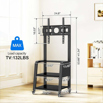 TV-vloerstandaard voor 32 tot 65 inch LED/LCD/OLED-tv's, rollende tv-kar met 3-laags mediaplank, 3 niveaus in hoogte verstelbaar ontwerp, houdt 110 lbs, max. VESA 600 x 400 mm
