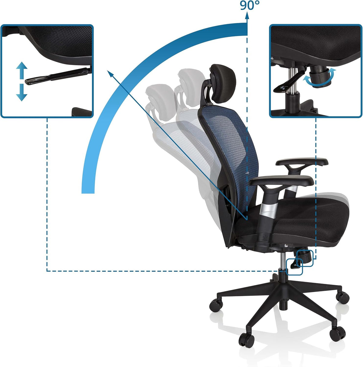 hjh OFFICE Venus Base 657110 Bureaustoel, managersstoel, blauw, ergonomische flexibele lendensteun, hoog zitcomfort, ergonomische draaistoel met verstelbare armleuningen, bureaustoel