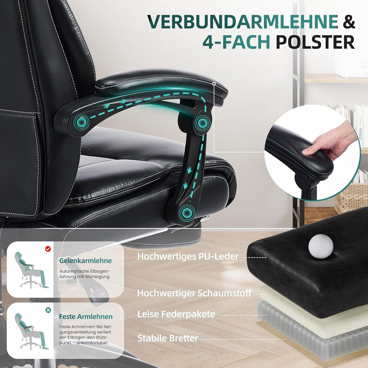 COLAMY Ergonomische directiestoel met voetensteun, gevoerde opklapbare armen en kantelverstelling voor lang werken in het thuiskantoor, zwart