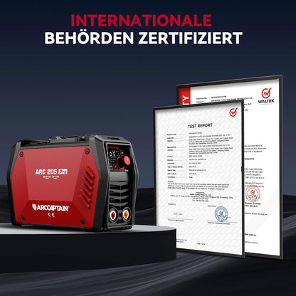 ARCCAPTAIN IControl ARC205 Pro Elektrodenlasapparaat, app-bediening, 205 ampère ARC/Lift TIG lasapparaat, led-display, IGBT inverter 230 V MMA lasapparaat met warmstart, boogkracht en anti-stick