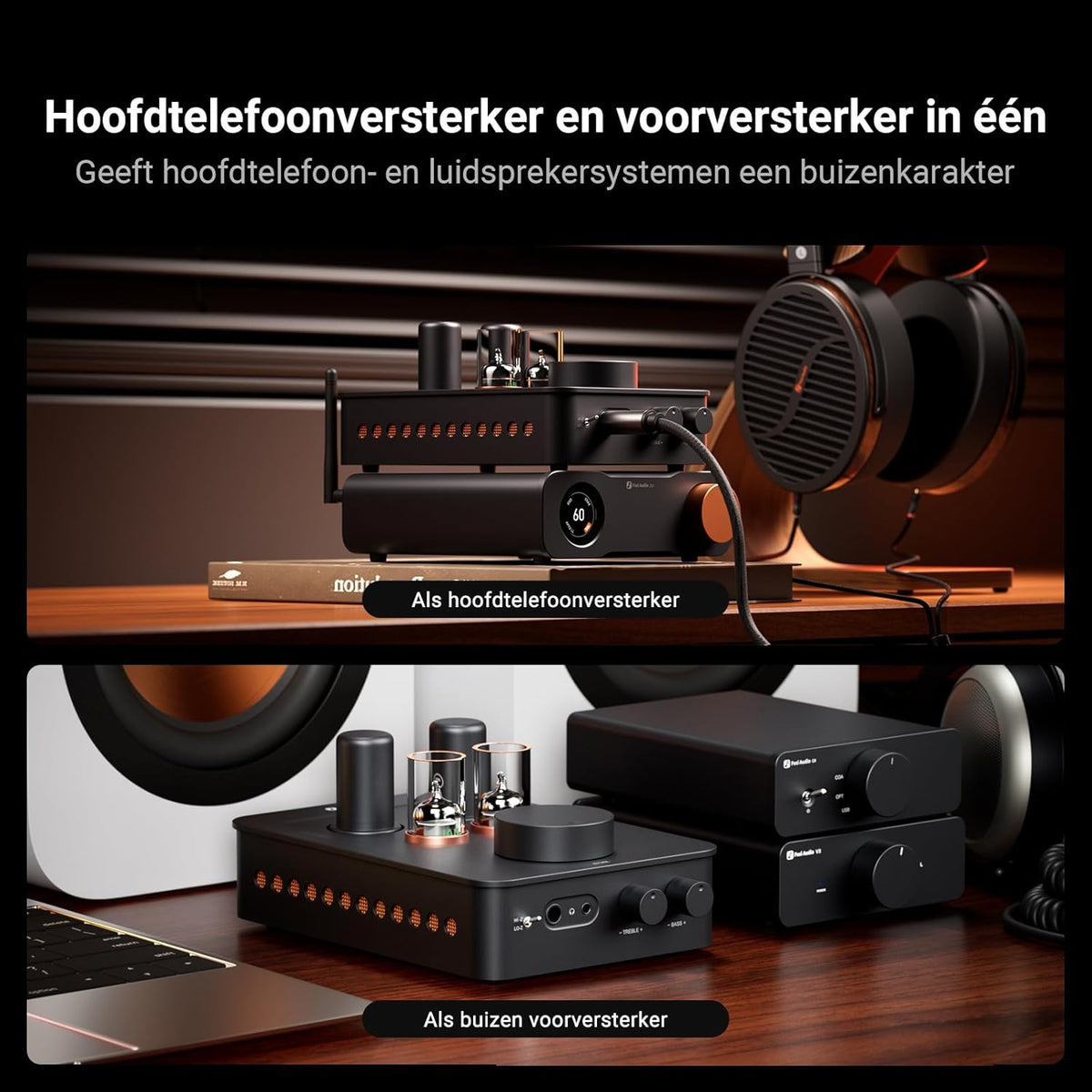 Fosi Audio GR70 Buizen Hoofdtelefoonversterker, Authentieke Buizenversterking met Vacuum, Mini HiFi Voorversterker voor Home Audio, 3.5mm & 6.35mm Jacks, Ondersteuning 16-300 ohm Impedantie