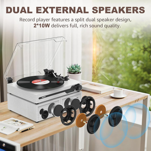 Platenspeler - Geïntegreerde Luidsprekers - Vintage Fonograaf - met Bluetooth 5.3 Ondersteunt - 2 Dubbele Stereoluidsprekers - 3 Snelheden - AUX - RCA - USB - Draadloos Afspelen - Hout - Wit