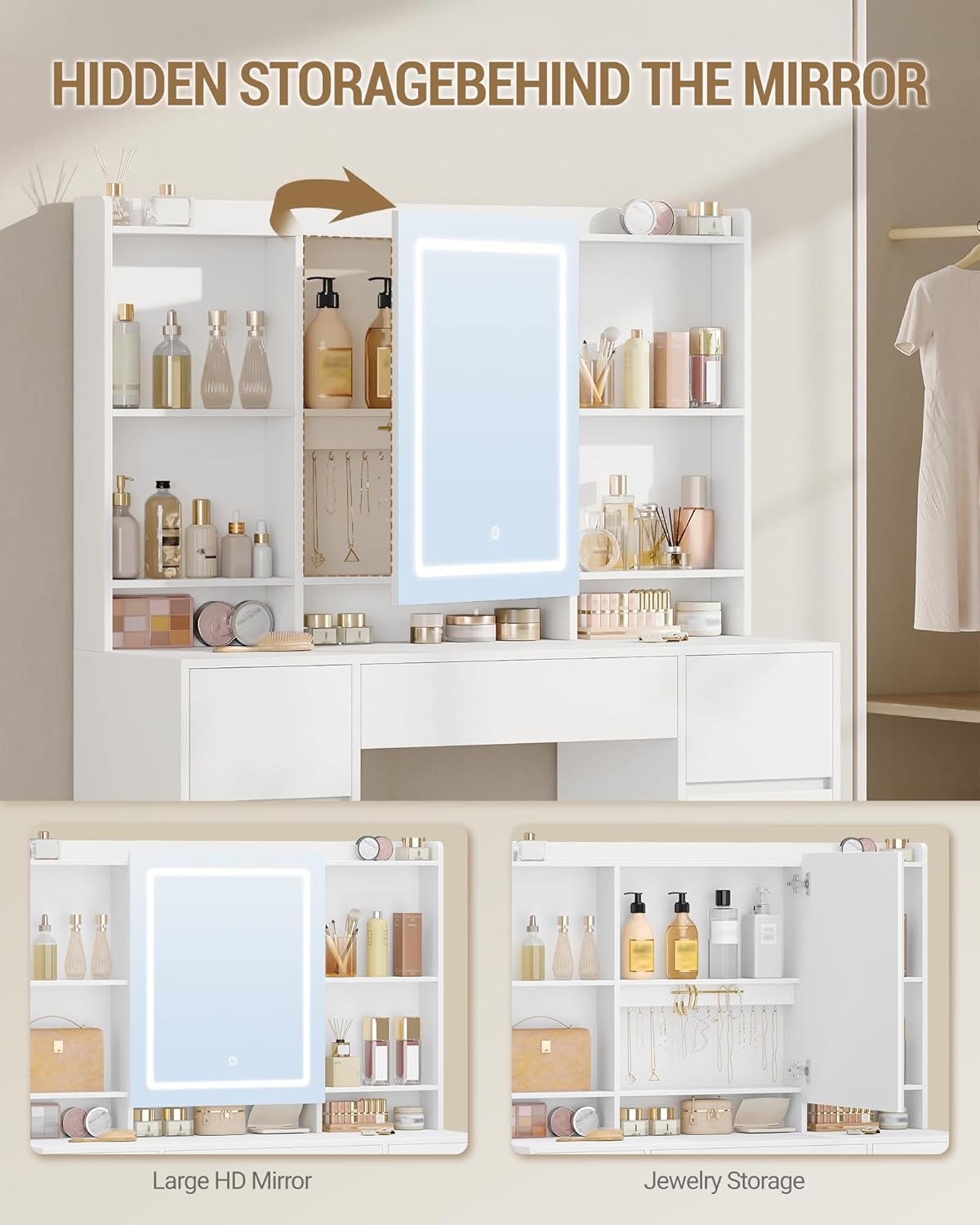 Hzuaneri Dressing Table with Lighting, Dressing Table with Large LED Mirror, Adjustable Brightness, with 7 Drawers, 4 Shelves for Bedroom, Storage Space Behind the Mirror, White DT43203XEU