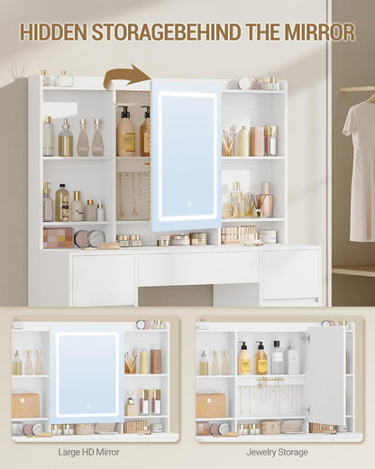 Hzuaneri Dressing Table with Lighting, Dressing Table with Large LED Mirror, Adjustable Brightness, with 7 Drawers, 4 Shelves for Bedroom, Storage Space Behind the Mirror, White DT43203XEU