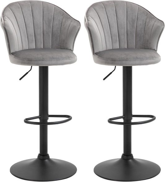 HOMCOM set of 2 bar stools, swivel bar stools with velvet touch backrest, height adjustable armless foam grey 51.5 x 57.5 x 93-114.5 cm - QUORE