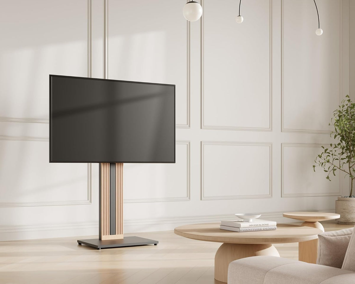 FITUEYES Design Vloer TV-standaard voor 32-65 Inch TV's Beukenhout Hoogteverstelling Vrijstaande TV-standaard ±30° Draaibaar Kabelbeheer Zen Serie