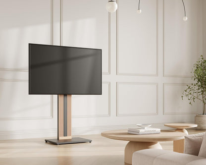 FITUEYES Design Vloer TV-standaard voor 32-65 Inch TV's Beukenhout Hoogteverstelling Vrijstaande TV-standaard ±30° Draaibaar Kabelbeheer Zen Serie