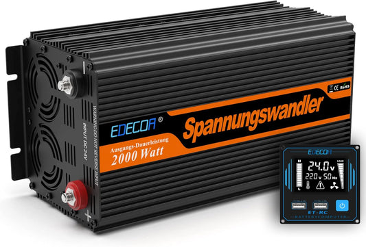 Omvormer 2000W – Spanningomvormer – Stroomomzetter – Voltage Converter – Inverter 24V Naar 230V – LCD Display – Afstandsbediening – 2 EU Stopcontacten – 2 USB-Poorten