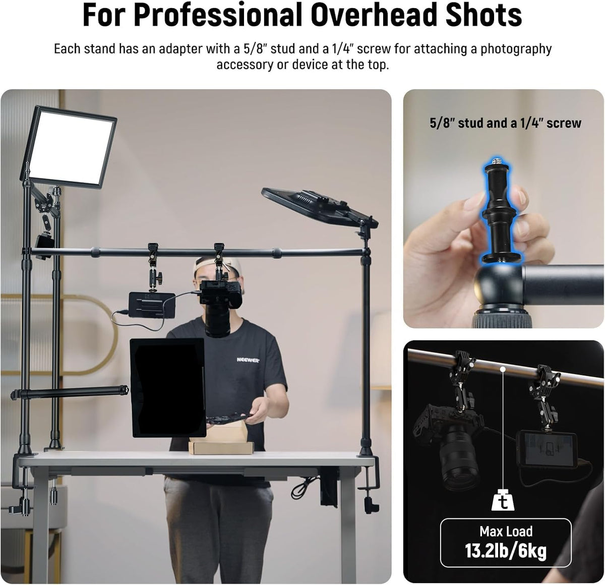 NEEWER Overhead Camera Mount Rig met Dual Ball Head Super Klem/Telefoon Houder/C Klem voor Desktop Top Down Shots, Metalen Multi Device Mount Platform voor Fotografie Live Streaming Video Making,