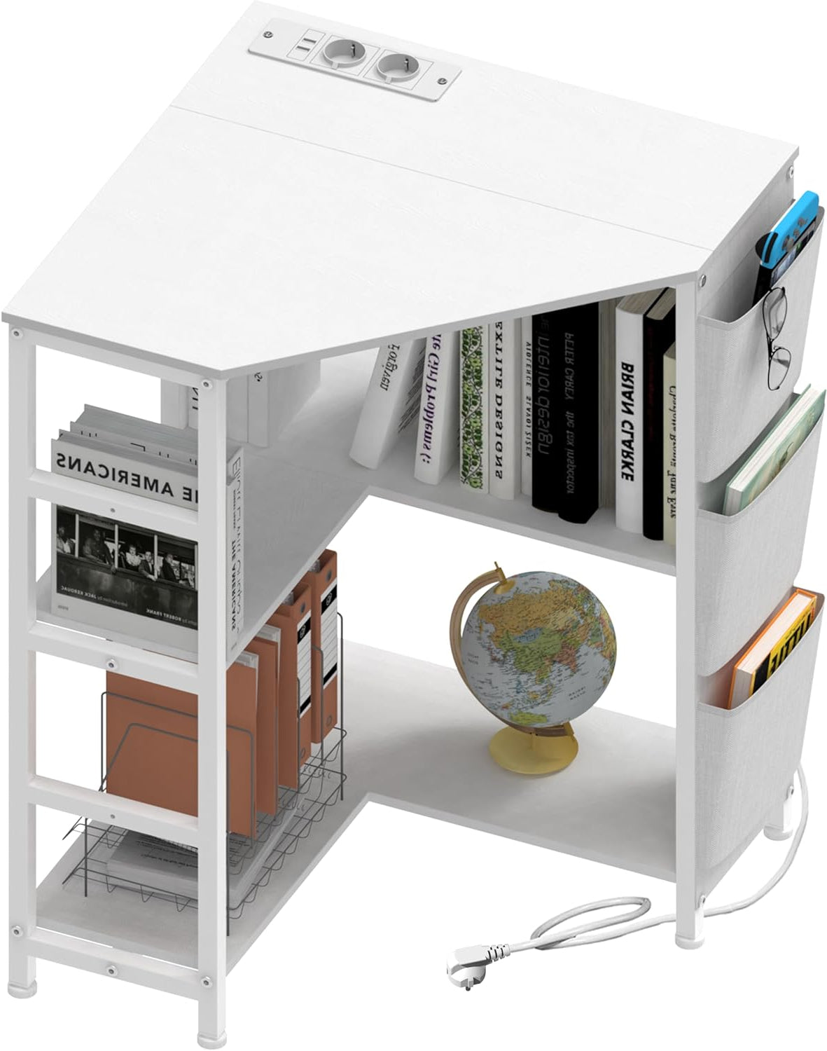 VEDECASA White Printer Table, Corner Printer Stand 3 Layer, Printer Table with Charging Station, Printer Stand on 2 Sockets and 2 USB Ports, Side Pockets, Adjustable Feet, CPU Stand Holder for - QUORE