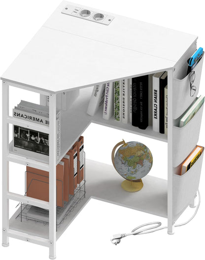 VEDECASA White Printer Table, Corner Printer Stand 3 Layer, Printer Table with Charging Station, Printer Stand on 2 Sockets and 2 USB Ports, Side Pockets, Adjustable Feet, CPU Stand Holder for - QUORE