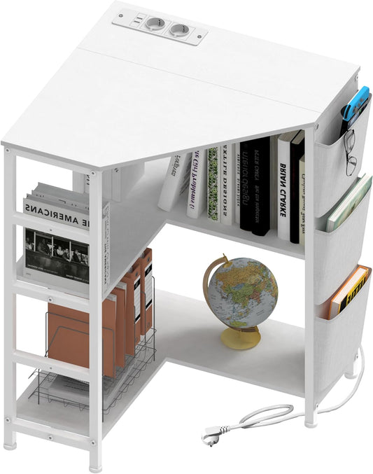 VEDECASA White Printer Table, Corner Printer Stand 3 Layer, Printer Table with Charging Station, Printer Stand on 2 Sockets and 2 USB Ports, Side Pockets, Adjustable Feet, CPU Stand Holder for - QUORE