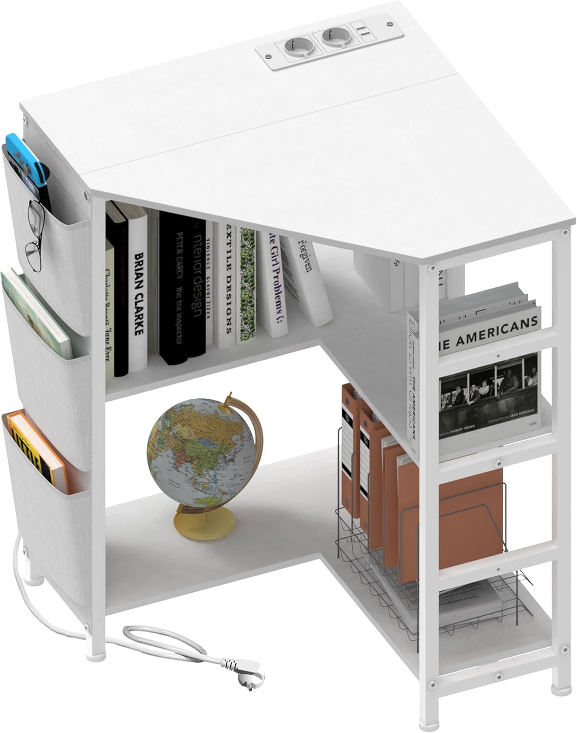 VEDECASA Witte printertafel, hoek printerstandaard 3-laags, printertafel met laadstation, printerstandaard op 2 stopcontacten en 2 USB-poorten, zijzakken, verstelbare voeten, CPU-standaardhouder voor