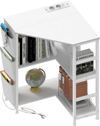 VEDECASA Witte printertafel, hoek printerstandaard 3-laags, printertafel met laadstation, printerstandaard op 2 stopcontacten en 2 USB-poorten, zijzakken, verstelbare voeten, CPU-standaardhouder voor