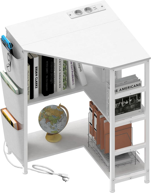 VEDECASA Witte printertafel, hoek printerstandaard 3-laags, printertafel met laadstation, printerstandaard op 2 stopcontacten en 2 USB-poorten, zijzakken, verstelbare voeten, CPU-standaardhouder voor