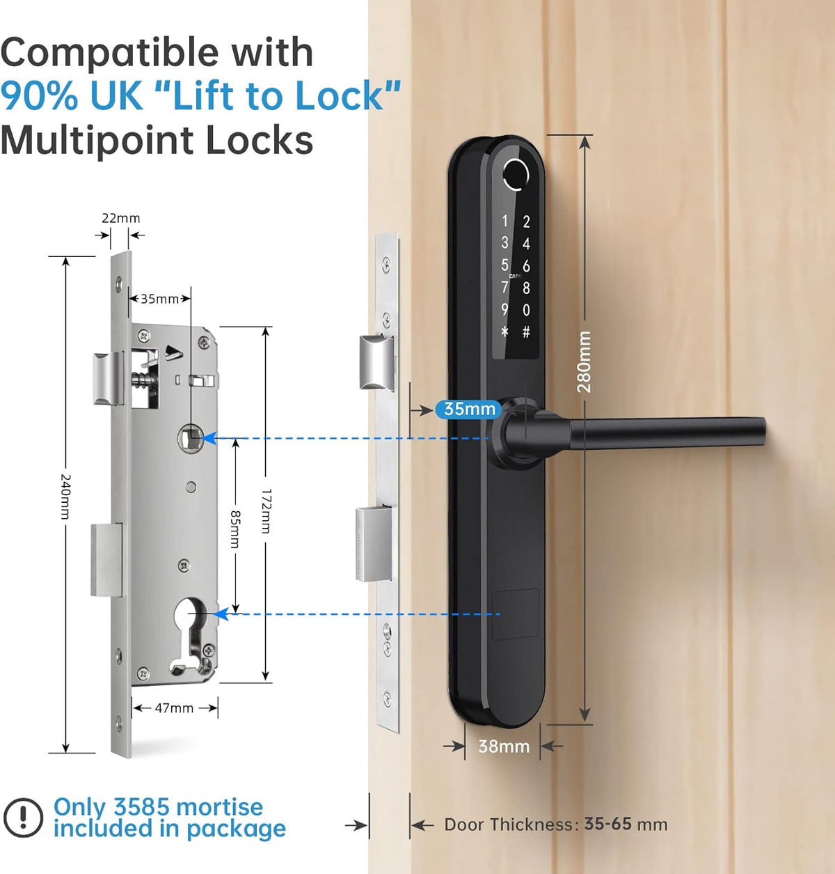 Slim Fingerprint Bluetooth Smart Deurslot met Touchscreen, Vingerafdruk Toetsenbord Kaartsleutels Unlock voor Aluminium Swing Deur (Zwart)