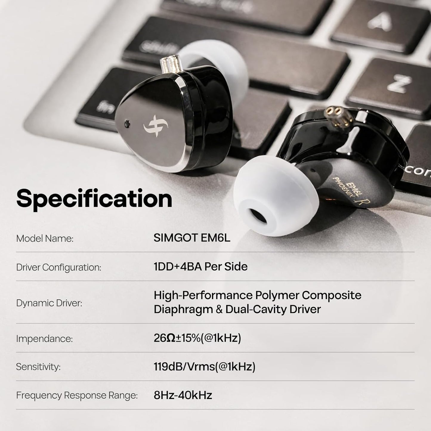 Linsoul SIMGOT EM6L 1DD + 4BA hybride driver in ear monitor, Gaming-oordopjes, hifi IEM-oortelefoon met 3D-geprinte harsbehuizing, afneembare OFC verzilverde kabel voor muzikant en audiofiel