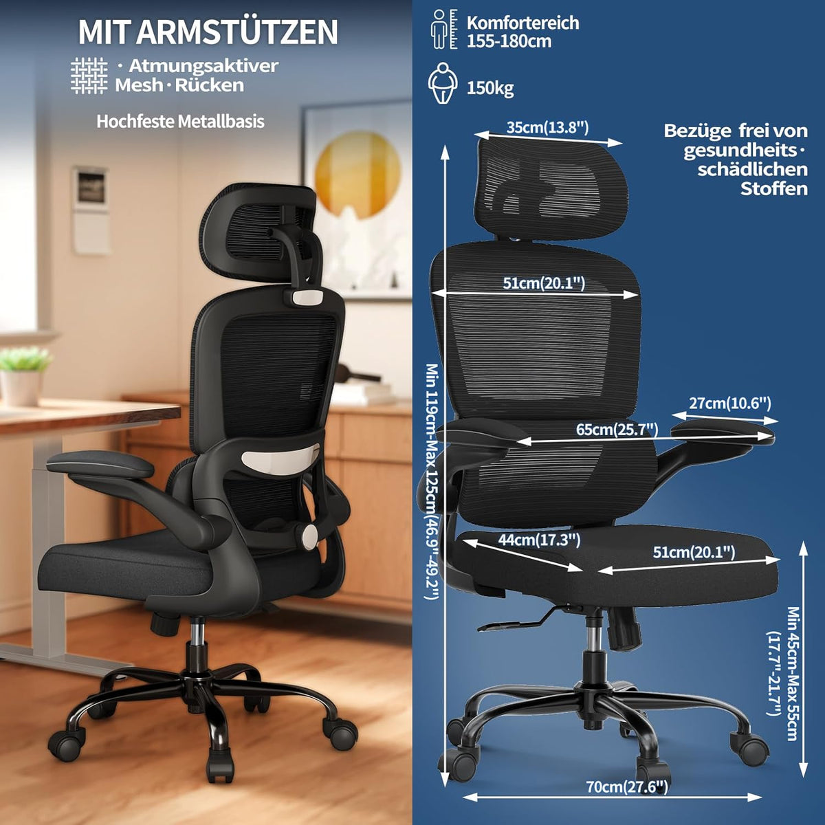 TRALT Bureaustoel, ergonomisch, bureaustoel met verstelbare lendensteun, hoofdsteun, gamingstoel, kantoorstoel, ergonomisch, 150 kg, voor grote mensen, zwart
