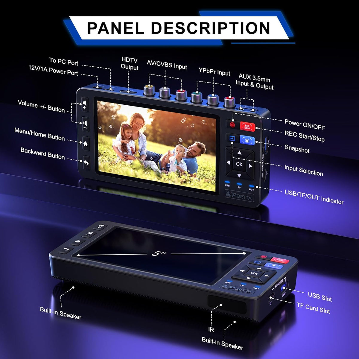 PORTTA VHS to digitale converter met 5 inch HD-scherm, video-opnamerecorder converteren naar MP4 compatibel met VHS, videorecorder, DVR, DVD, Hi8, Mini DV, camcorders, gameconsoles (tapes/dvd-speler