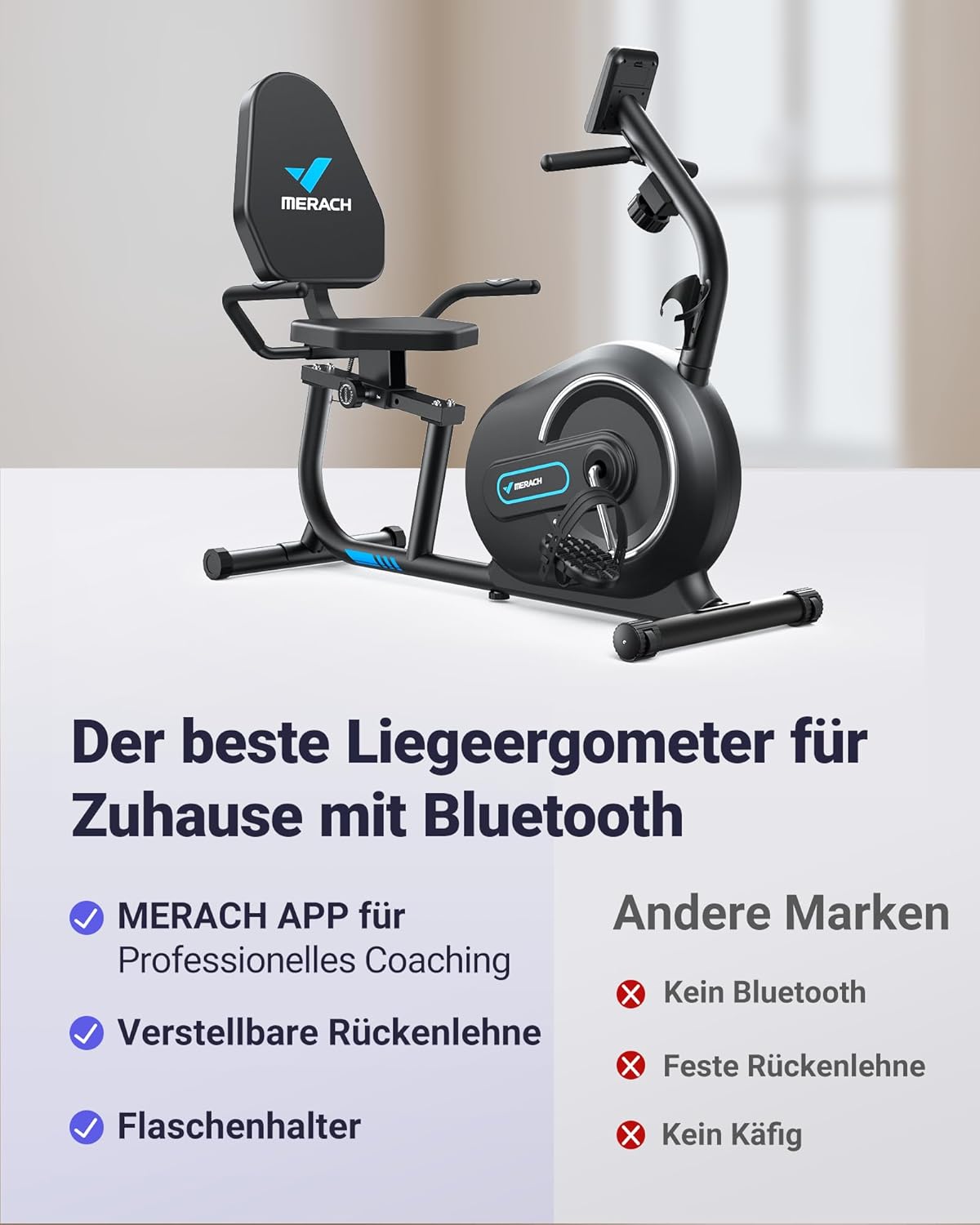 MERACH Ligergometer voor thuis met 8 verstelbare weerstandsniveaus, smart bluetooth, exclusieve app-connectiviteit, lcd-display, hartslagsensoren en verstelbare rugleuning