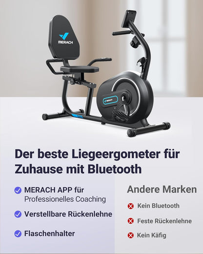 MERACH Ligergometer voor thuis met 8 verstelbare weerstandsniveaus, smart bluetooth, exclusieve app-connectiviteit, lcd-display, hartslagsensoren en verstelbare rugleuning