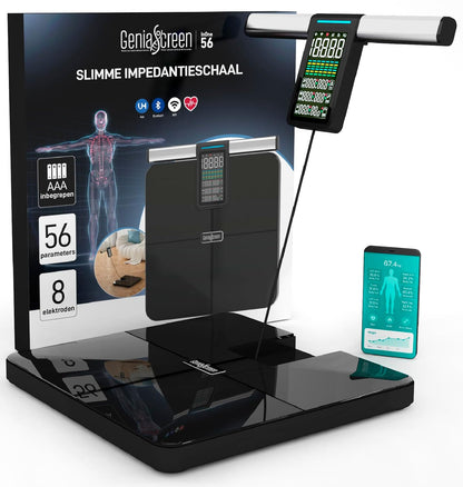 Lichaamsvetweegschaal met handsensoren van Geharde Glas - GeniaScreen InOne Digitale Weegschaal met Lichaamsanalyse 56 Metingen voor Spiermassa Vet BMI LCD Display met Wi-Fi en Bluetooth 220 Kg