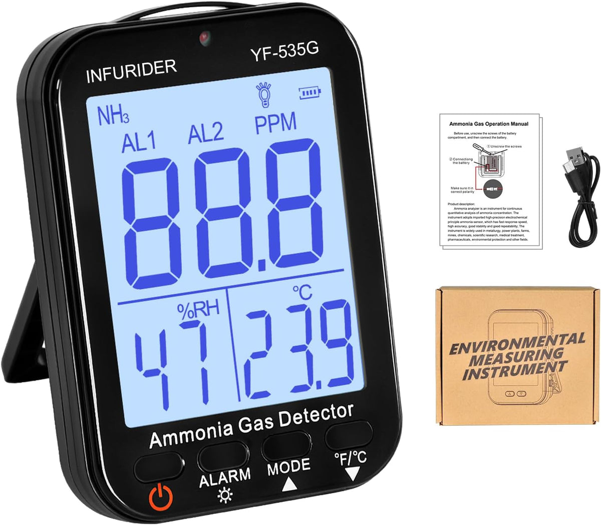 NH3 Gasmelder, ammoniak-gasdetector, gaslek-detector met akoestisch visueel alarm, binnenluchtkwaliteitsmeter voor ammoniak, draagbare gasdetector met bereik 0-100 ppm
