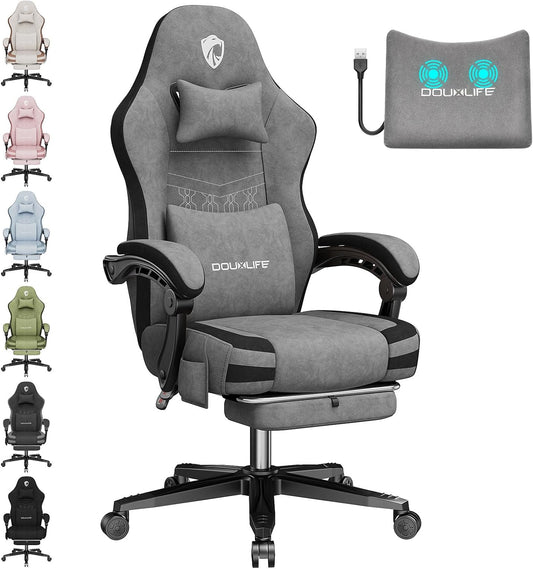 Douxlife Gamingstoel, stof met massage, verbreed zitkussen met pocketveren, ergonomische bureaustoel, pc-gamerstoel met voetensteun en metalen poten, 158 kg belastbaarheid, lichtgrijs