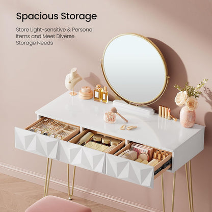 Eugad Dressing Table with Stool and Mirror, 360° Rotatable, Makeup Mirror, Dressing Table with 3 Drawers, Padded Velvet Stool, 3D Effect Drawer, White and Gold - QUORE