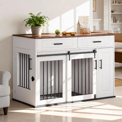 Meubelstuk voor hondenhok, groot, van hout, met schuifdeuren, laden en kast, hondenhuis met slot, binnen, tafel, wit