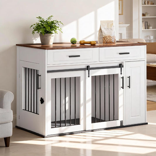Meubelstuk voor hondenhok, groot, van hout, met schuifdeuren, laden en kast, hondenhuis met slot, binnen, tafel, wit