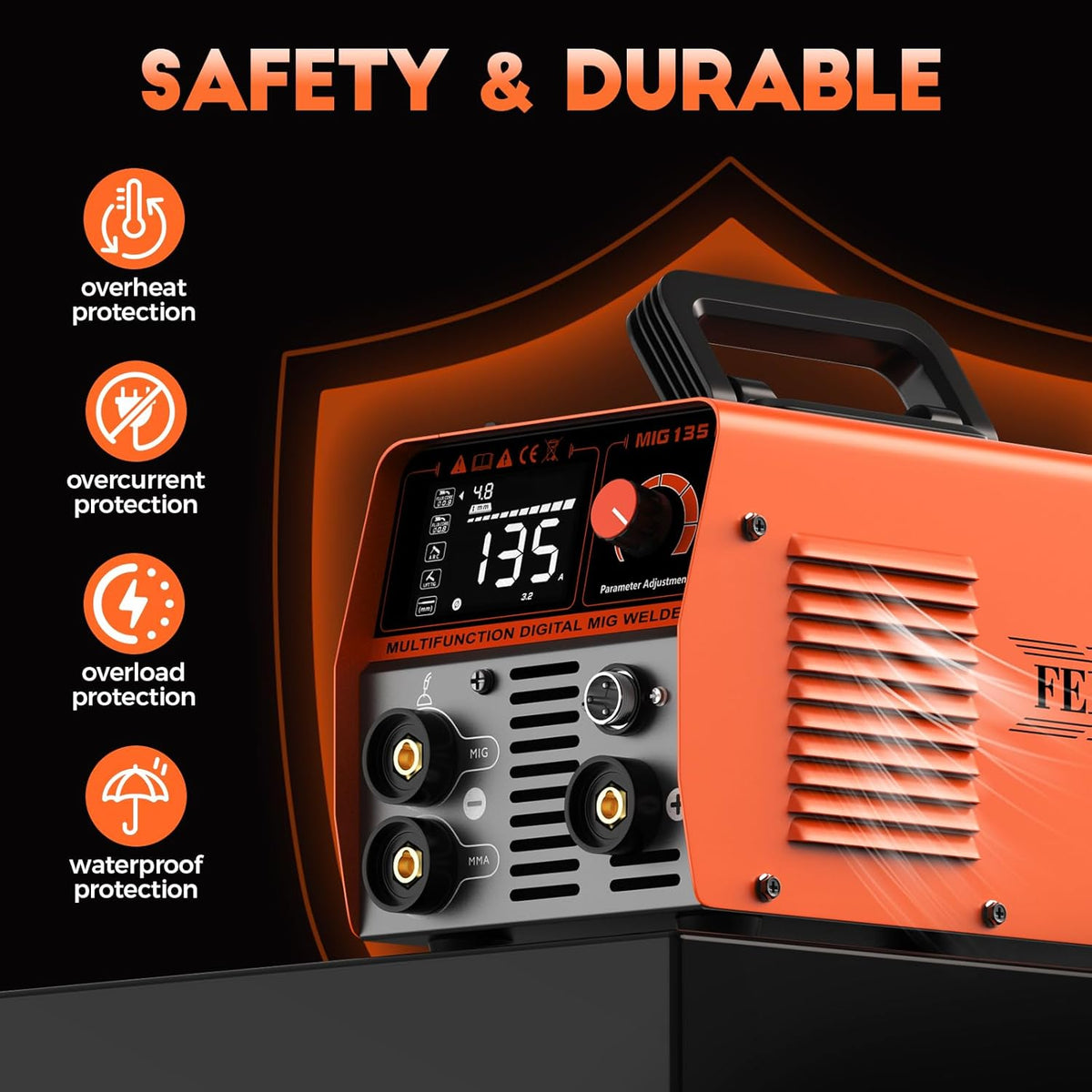 MIG135 Soldeerstation gevulde draad, zonder gas, 135 A, 220 V, elektrodensynergie, 3-in-1 MIG/ARC/lift TIG IGBT inverter lasapparaat met 1,0 mm draad, MIG-laspistool