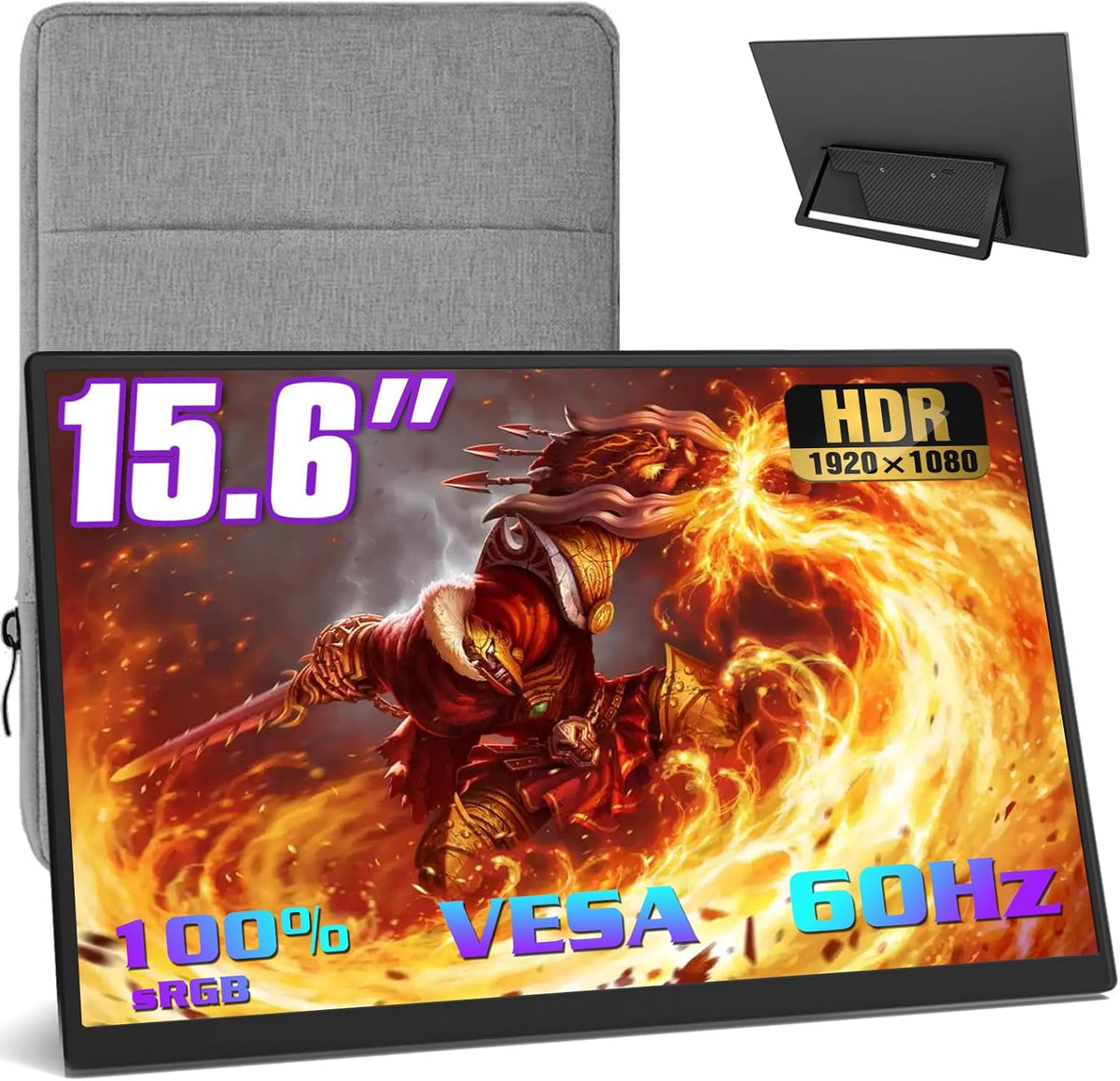 Portable Monitor + Sleeve 15.6 Zoll,1080p,Tragbarer Laptop Game Office Monitor mit 100% sRGB FHD HDR HDMI,für Computer,Phone Game Devices - QUORE
