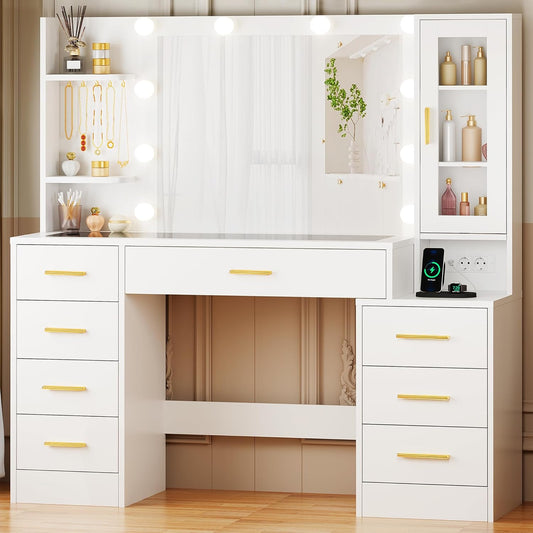 ANWBROAD Large vanity table with mirror and socket, adjustable LED lighting, uptable with glass top, modern design, with 8 drawers, 3 shelves, 5 hooks, white, BDT88W - QUORE