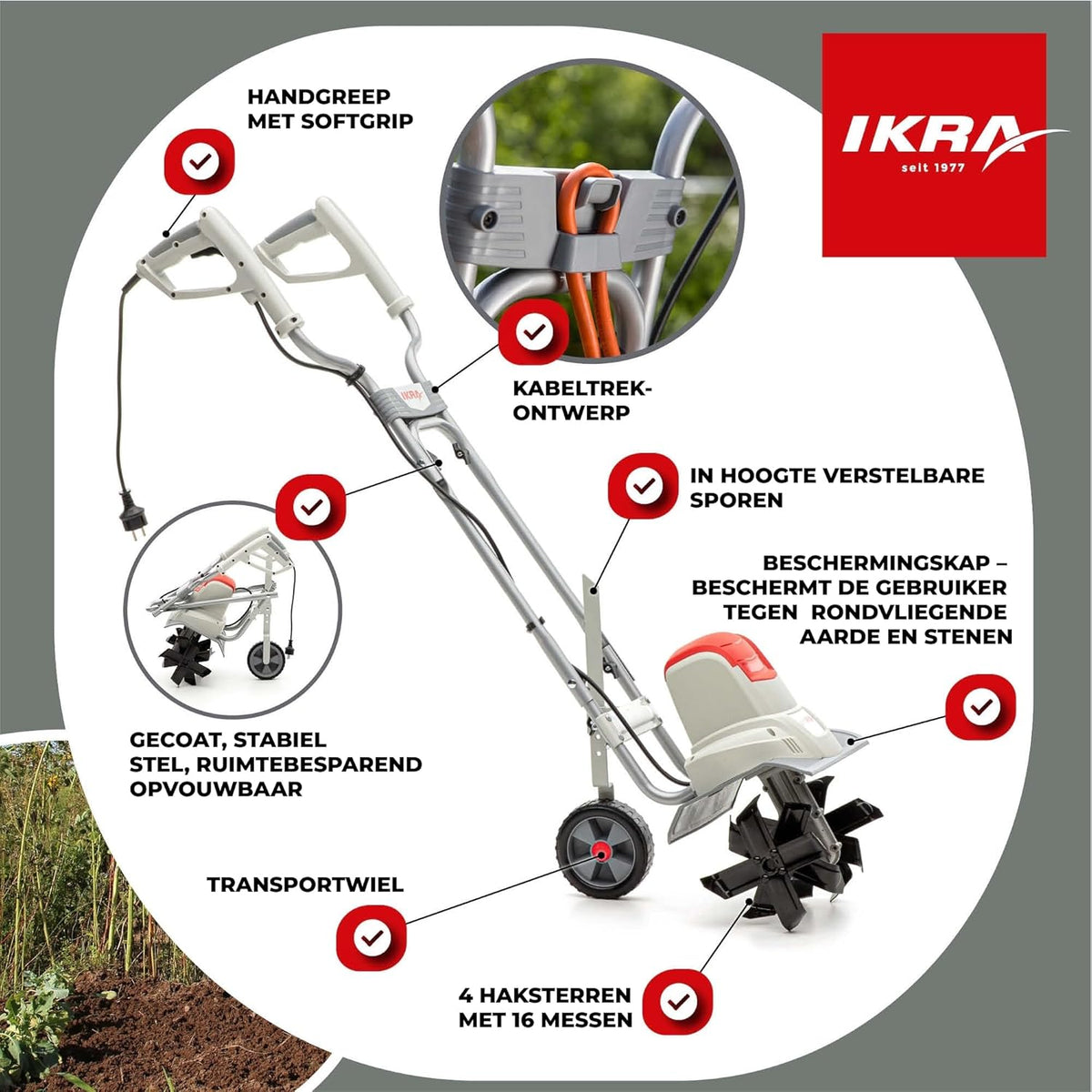 IKRA Elektrische Grondfrees Cultivator IEM 800S, werkbreedte 30 cm, werkdiepte 20 cm, grijs/rood/zwart