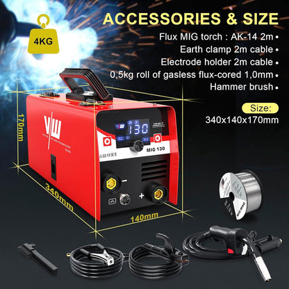 VECTOR WELDING Vuldraad lasapparaat 130 A, MIG MAG lasapparaat voor beginners, IGBT inverter lasapparaat met elektrodenlasfunctie, lasapparaat vuldraad zonder gas