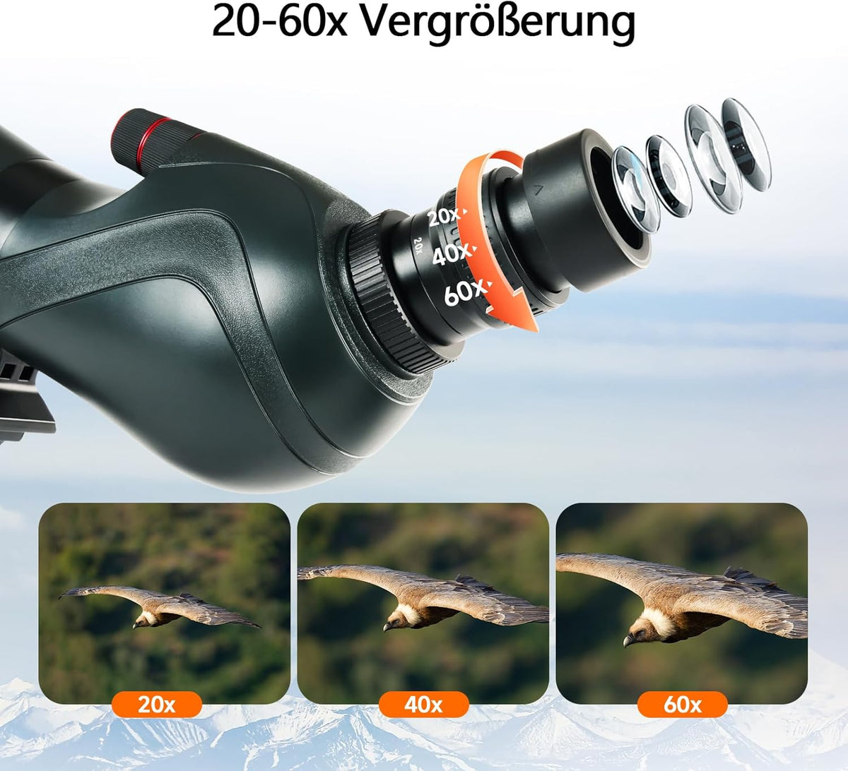 Svbony SV406 20-60x80mm Spotting Scope met Telefoonadapter, HD FMC BAK4, Dubbele Focus, 1,25'' Verwijderbaar Oculair, IPX7 Waterdicht, met Statief, Draagtas, voor Vogels Kijken, Wildlife, Landschap
